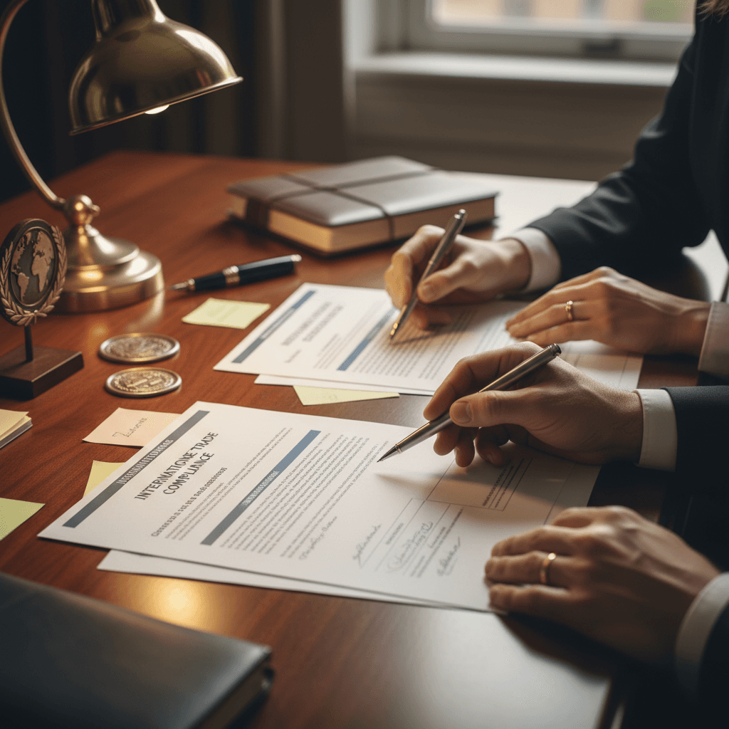 Close-up of hands reviewing legal documents and international agreements on desk with precise annotation